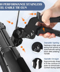 Beefy Heavy Duty Metal Zip Tie Gun Set with Stainless Steel Tool, showing hand grip and cable fastening details.