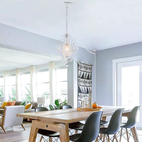 Plug In Mini Crystal Chandelier, White Retro Ceiling Light in modern dining room