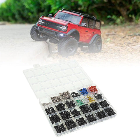 Universal RC Screw Kit Screws Assortment Set Stainless Steel Hardware Fasteners For RC Cars And Models Individually Packaged In Clear Box, with RC crawler and organized parts case