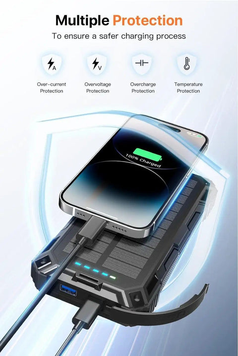 Power Bank 49800mAh Solar Portable Charger with Wireless Charging USB C 15W Fast Charge Four Built In Cables LED Flashlight Battery Pack for iPhone iPad Perfect for Camping and Hiking on desk with phone charging wirelessly