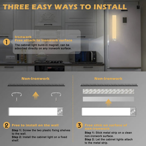 Infographic showing three easy ways to install the 15.7 Inch Wireless Motion Sensor Under Cabinet Lights With 120 LED.