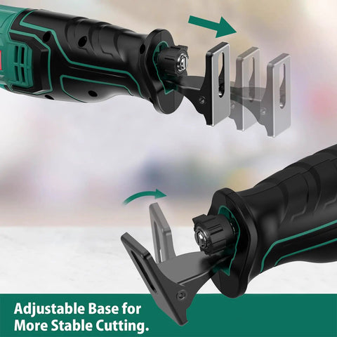 Beast Of A Corded Reciprocating Saw With Variable Speed Trigger, 6A Motor, 2800 SPM, showing adjustable base for stability
