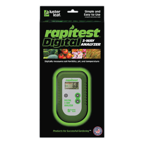 Digital Soil Tester For PH, Temperature, And Fertility, Three Way Analyzer With Corded Probe packaging showing product design