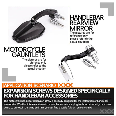 Motorcycle handlebar mirror and gauntlet with expansion screws for secure installation on motorcycles and e-bikes.
