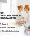 Mother and daughter in kitchen promoting subscription program with savings, auto deliveries, and flexible scheduling.