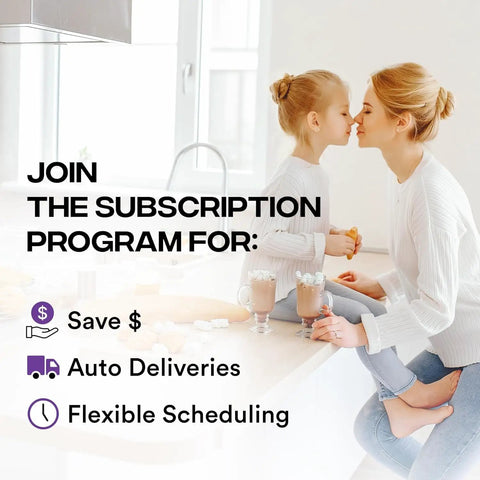 Mother and daughter in kitchen promoting subscription program with savings, auto deliveries, and flexible scheduling.