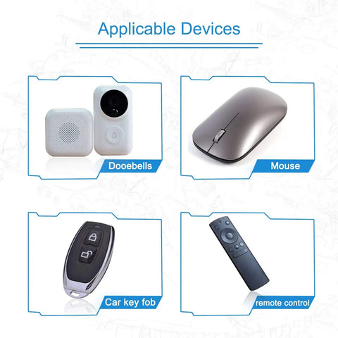 Long Lasting 12 Volt A23 23A Alkaline Batteries 5 Pack For Remote Controls Key Fobs Alarm Sensors And Toys Reliable Power With High Capacity For Everyday Gadgets, shown with compatible devices: doorbells, mouse, car key fob, remote control for illustrative purposes.