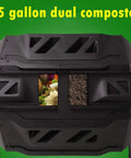 45 Gallon Rotating Compost Tumbler Bin With Large Dual Chamber and Animal Proof Sliding Door, shown with compost inside