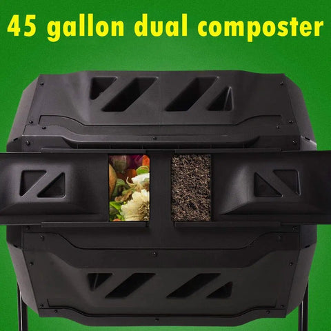 45 Gallon Rotating Compost Tumbler Bin With Large Dual Chamber and Animal Proof Sliding Door, shown with compost inside