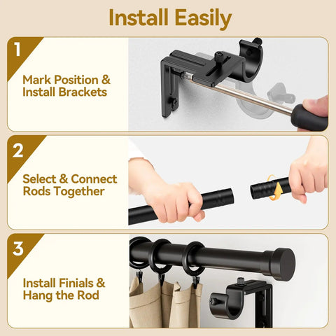 Heavy Duty Adjustable Curtain Rod 32 To 144 Inches Black 1 Inch Diameter Extra Long Window Rods Modern Design with installation steps