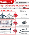 Comparison chart showcasing SHAOHUA fasteners vs others, highlighting variety, neat packaging, and durability with images.