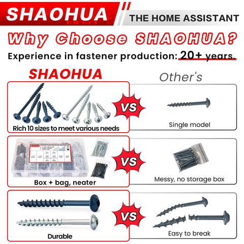 Comparison chart showcasing SHAOHUA fasteners vs others, highlighting variety, neat packaging, and durability with images.