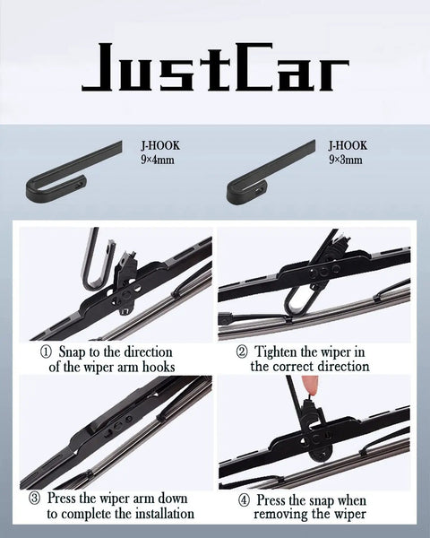 Heavy Duty Metal Frame Windshield Wiper Blades All Season Pair U Hook Adapter installation instructions showing correct attachment steps.