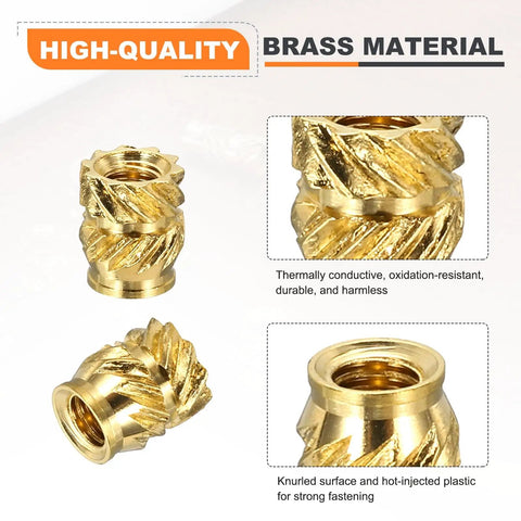 40 Piece Set M3 Heat Set Inserts With Soldering Tip 5mm Outer Diameter 7mm Height Brass Knurled Nut Rod Inserts For 3D Printing And Plastic Parts DIY Electronics shown in various angles highlighting knurled surface and brass material.