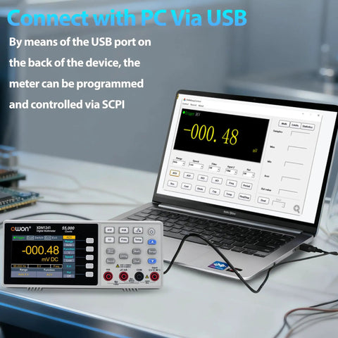 Desktop Digital Multimeter With True RMS, Data Logging, And Dual Display, SCPI Ready connected to laptop via USB