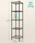Slim 5 Tier Metal Wire Storage Shelf In Ink Black Ultra Space Saving Narrow Shelving Unit With Sturdy Powder Coated Steel Build For Bins Plants And Everyday Essentials, 47.6" tall