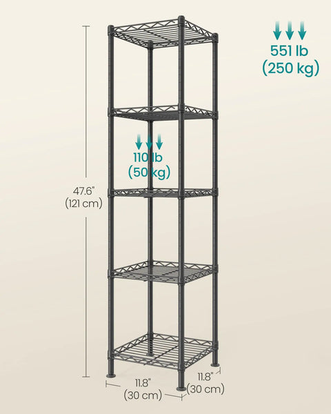 Slim 5 Tier Metal Wire Storage Shelf In Ink Black Ultra Space Saving Narrow Shelving Unit With Sturdy Powder Coated Steel Build For Bins Plants And Everyday Essentials, 47.6" tall