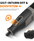 Cordless 4V rotary tool in grey with built-in lock switch, side view