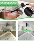 Heavy Duty Pressurized Handheld Steam Cleaner With Ten Piece Accessory Set Kicking Grease Grime And Pet Hair From Rugs Couches Tile And Sealed Wood Floors For No Sweat Household Cleaning Tasks, shown cleaning kitchen sink.