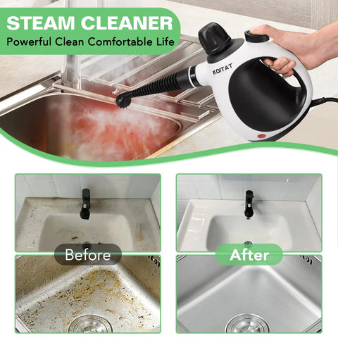 Heavy Duty Pressurized Handheld Steam Cleaner With Ten Piece Accessory Set Kicking Grease Grime And Pet Hair From Rugs Couches Tile And Sealed Wood Floors For No Sweat Household Cleaning Tasks, shown cleaning kitchen sink.