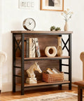 Slick Three Tier Industrial Bookshelf With Heavy Duty Metal Frame And Solid Back Panel as a stylish storage cabinet in a cozy living room.