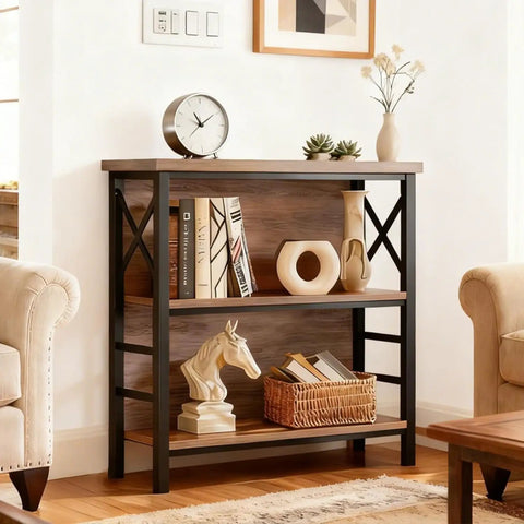Slick Three Tier Industrial Bookshelf With Heavy Duty Metal Frame And Solid Back Panel as a stylish storage cabinet in a cozy living room.