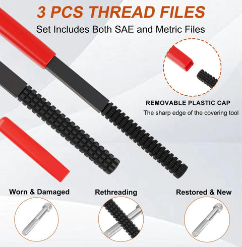 3-piece thread file set with red-handled files and removable cap for SAE/metric bolts