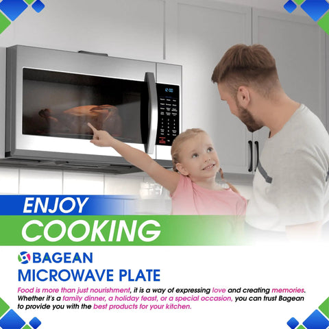 Father and daughter looking at microwave, highlighting '11.5 Inch Microwave Plate Replacement WB49X10224 Fits Most Turntables'.
