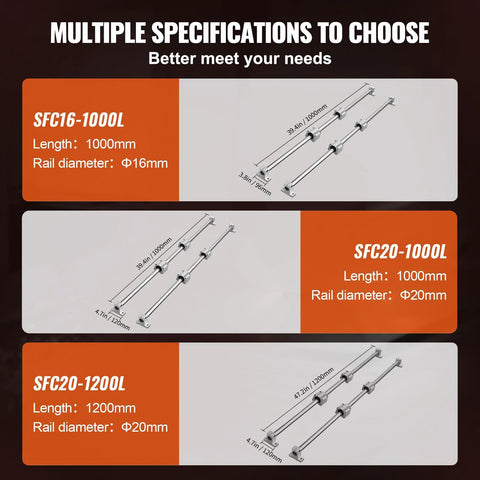 Front view: VEVOR SFC16-1000L rail kit with two 1000mm rails, 16mm diameter.  
Side view: VEVOR SFC20-1000L rail kit with two 1000mm rails, 20mm diameter, four blocks.  
Angled view: VEVOR SFC20-1200L rail kit with two 1200mm rails, 20mm diameter, four blocks.