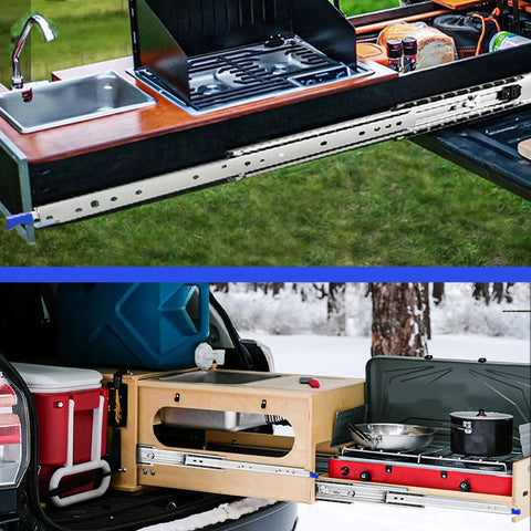 Beefy Heavy Duty Ball Bearing Drawer Slides With 500lb Capacity For Ultra Smooth Full Extension And Auto Lock Rugged Cold Rolled Steel Tracks Dual Ball Bearings For Quiet Heavy Load Cabinets Tool Chests And Drawer Systems installed on a camper kitchen drawer