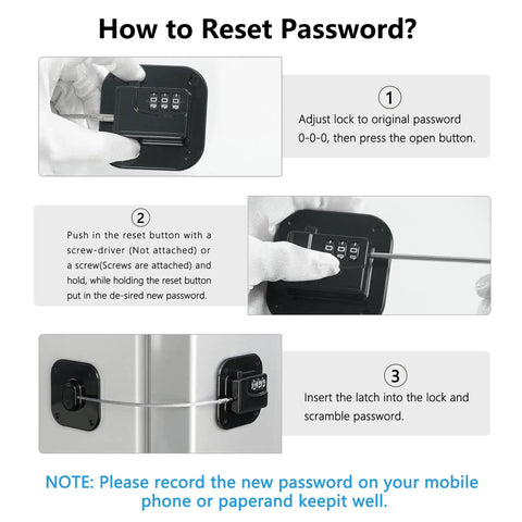 How to reset Boss Level Fridge Lock for Kitchen Cabinets and Pantry Drawers, showing steps for password setup.