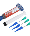 Sn42 Bi58 Lead Free Solder Paste No Clean 138C Melting Point 20g Net Weight 29g Total Flux 10.5 Percent with applicator tips shown