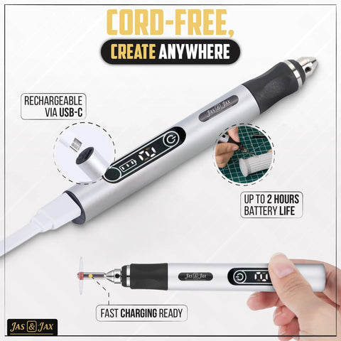 USB Rechargeable Mini Engraving Pen Cordless Rotary Tool, cordless with USB-C charging, for diverse materials, pro-grade design.