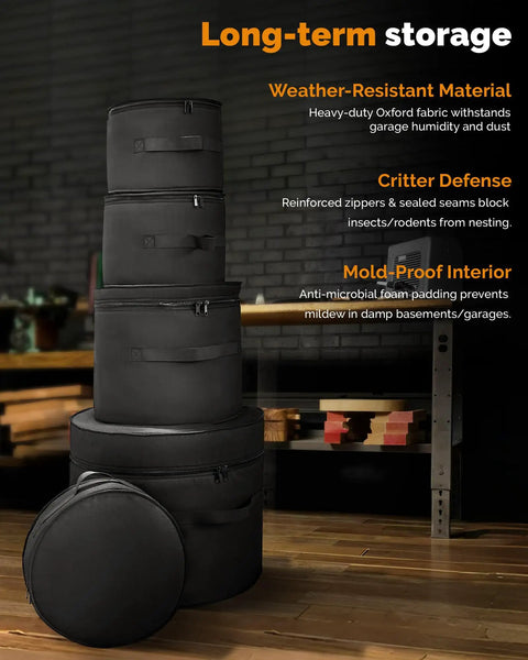 Superior Grade Five Piece Padded Drum Case Set Featuring Hella Heavy Duty Construction For 22 Inch Kick 12 And 13 Inch Rack Toms 16 Inch Floor Tom And Snare Pro Gear stacked drum bags in weather-resistant black fabric.