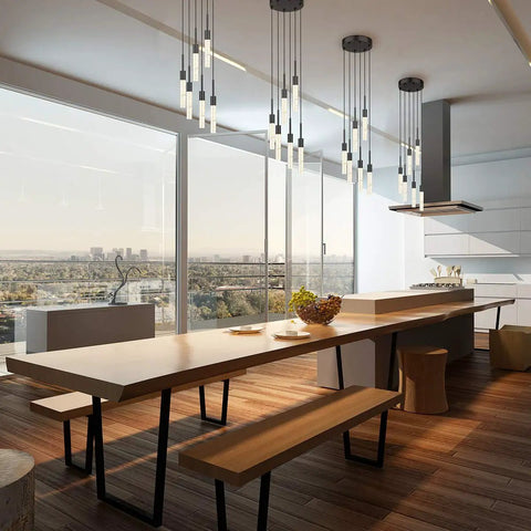 Dimmable LED Ceiling Pendant Light With Six Lights, Modern Industrial Chandelier over kitchen counter, crystal bubble shades