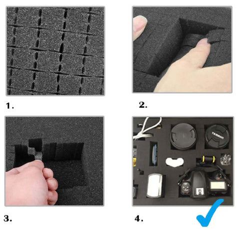 Hardcore 12 Inch Hard Shell Case With Pluck Foam Custom Insert showing foam layout for camera and tools protection.
