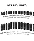 Heavy Duty Three Eighths Inch Drive Impact Socket Set For SAE And Metric, deep and standard sockets in CR-MO steel