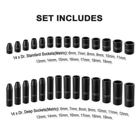 Heavy Duty Three Eighths Inch Drive Impact Socket Set For SAE And Metric, deep and standard sockets in CR-MO steel