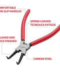 4 Piece Snap Ring Pliers Set, Seven Inch Internal And External Circlip Pliers Kit With Straight And Bent Jaw, Durable Carbon Steel Construction, red handles with features labeled
