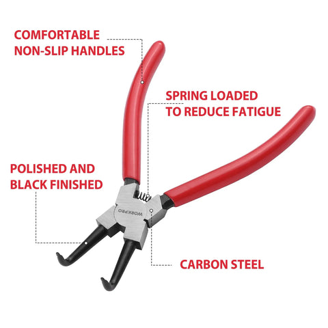 4 Piece Snap Ring Pliers Set, Seven Inch Internal And External Circlip Pliers Kit With Straight And Bent Jaw, Durable Carbon Steel Construction, red handles with features labeled
