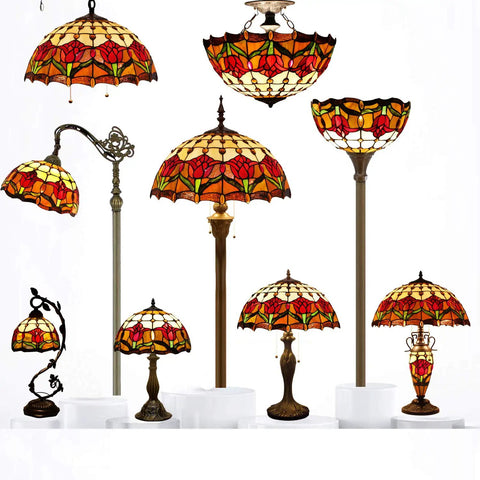 Assorted Tiffany Style Stained Glass Tulip Table Lamp For Bedroom And Living Room, 12 Inch Shade, Antique Green Bronze Base, UL Listed