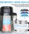 One Gallon Countertop Water Distiller in Stainless Steel with Food Grade PP Filter Nozzle, showcasing distillation process, 750W