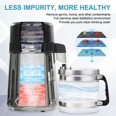One Gallon Countertop Water Distiller in Stainless Steel with Food Grade PP Filter Nozzle, showcasing distillation process, 750W