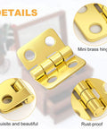 Close-up view of small brass hinge with holes, labeled as exquisite, mini, and rust-proof. Part of Thirty Pieces Small Brass Hinges For Crafts With 120 Screws And Nails, 13 X 12 Mm Mini Hardware For Jewelry Boxes, Wooden Chests And Cabinets, DIY Projects, Retro Vintage Look, Rust Resistant Metal For Quick Builds.