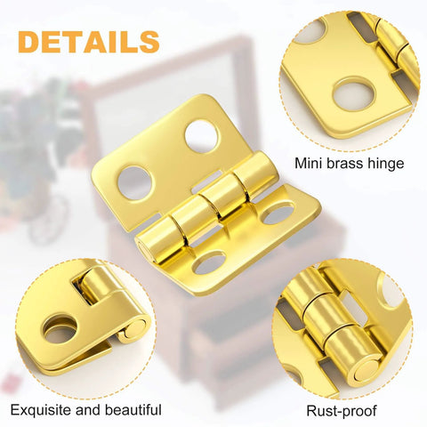 Close-up view of small brass hinge with holes, labeled as exquisite, mini, and rust-proof. Part of Thirty Pieces Small Brass Hinges For Crafts With 120 Screws And Nails, 13 X 12 Mm Mini Hardware For Jewelry Boxes, Wooden Chests And Cabinets, DIY Projects, Retro Vintage Look, Rust Resistant Metal For Quick Builds.