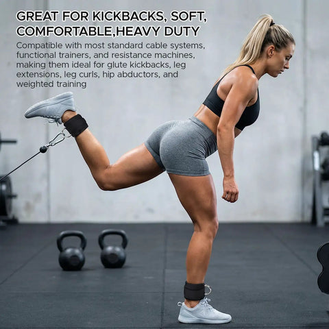 Pro Level Ankle Strap For Cable Machine With Thick Breathable Padding Tailored For Beast Mode Leg Day Booty Work And Hamstring Curls Black with user demonstrating leg kickbacks.