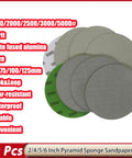 Flex 5 Inch Pyramid Sponge Sanding Disc With Hook Loop Foam Base For Curved Surfaces Perfect Grit Polishing Orbital Sanders And Detail Jobs Smooth Finish in a set of 10 grits, varying sizes.