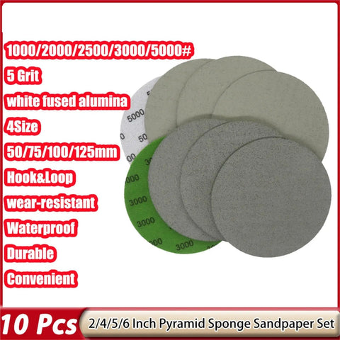 Flex 5 Inch Pyramid Sponge Sanding Disc With Hook Loop Foam Base For Curved Surfaces Perfect Grit Polishing Orbital Sanders And Detail Jobs Smooth Finish in a set of 10 grits, varying sizes.
