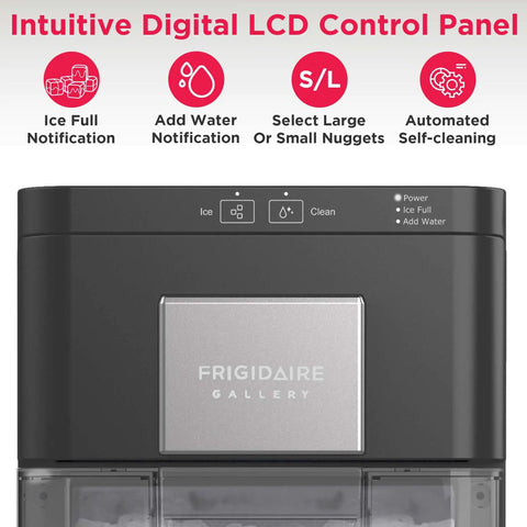 Compact Countertop Nugget Ice Maker Making 44 Pounds Daily In Just Ten Minutes Featuring Smart Touch Controls And Auto Self Cleaning Tech showing digital control panel.