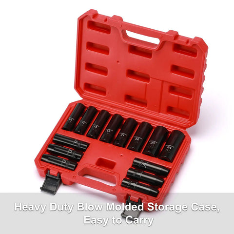 Pro Grade Deep Impact Socket Set 1/2 Inch Drive Metric Cr-V 6-Point 10 mm to 24 Mm, 14-Piece in red storage case